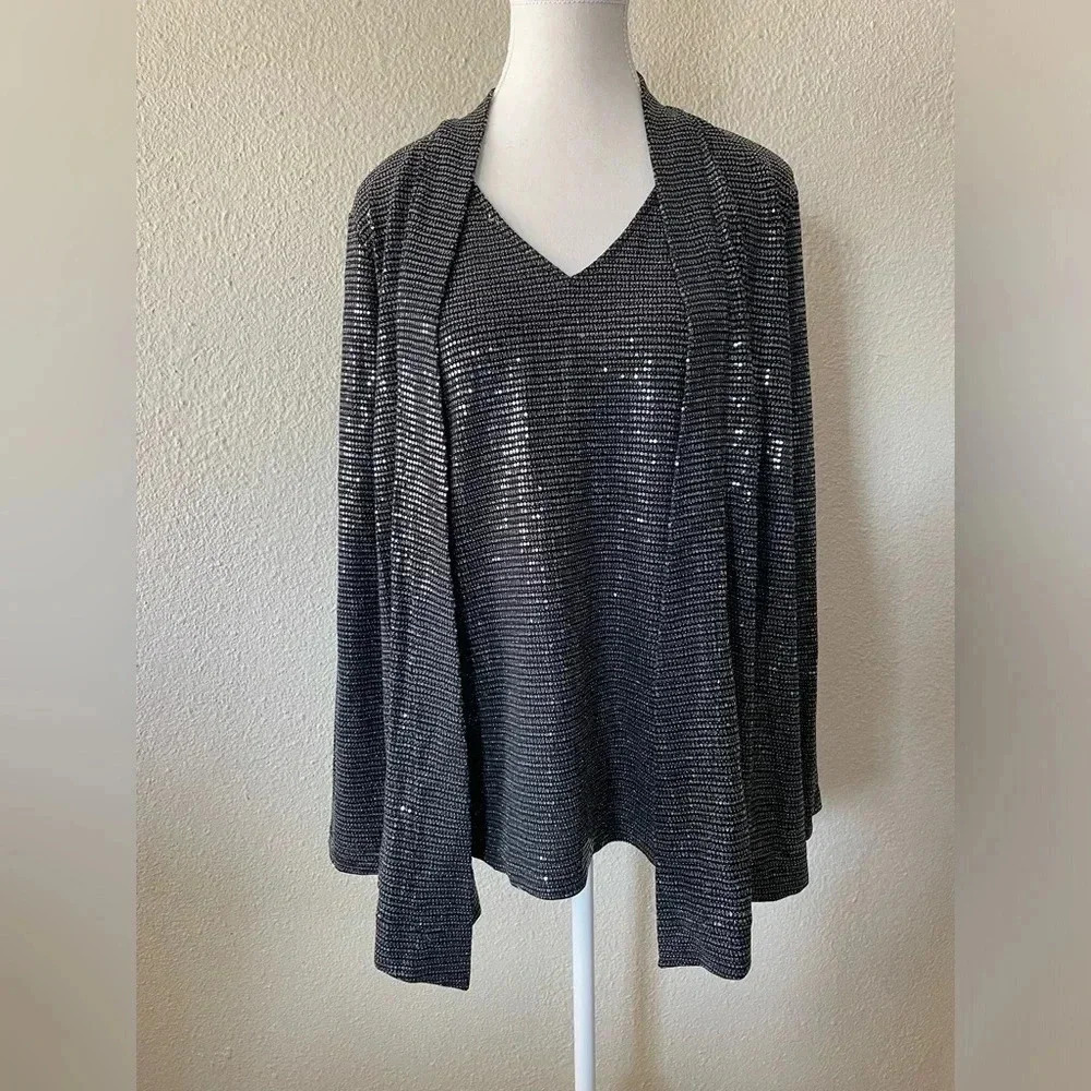 Calvin Klein Liquid Knit Sequin Blouse and Cardigan Set Women’s S Black Classy - Picture 3 of 13